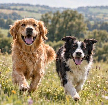 A golden retriever and border collie running through a meadow