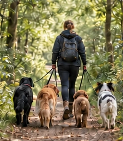 A walker leading a small group of dogs along a woodland path