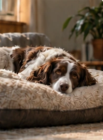 A spaniel relaxing on a comfortable dog bed